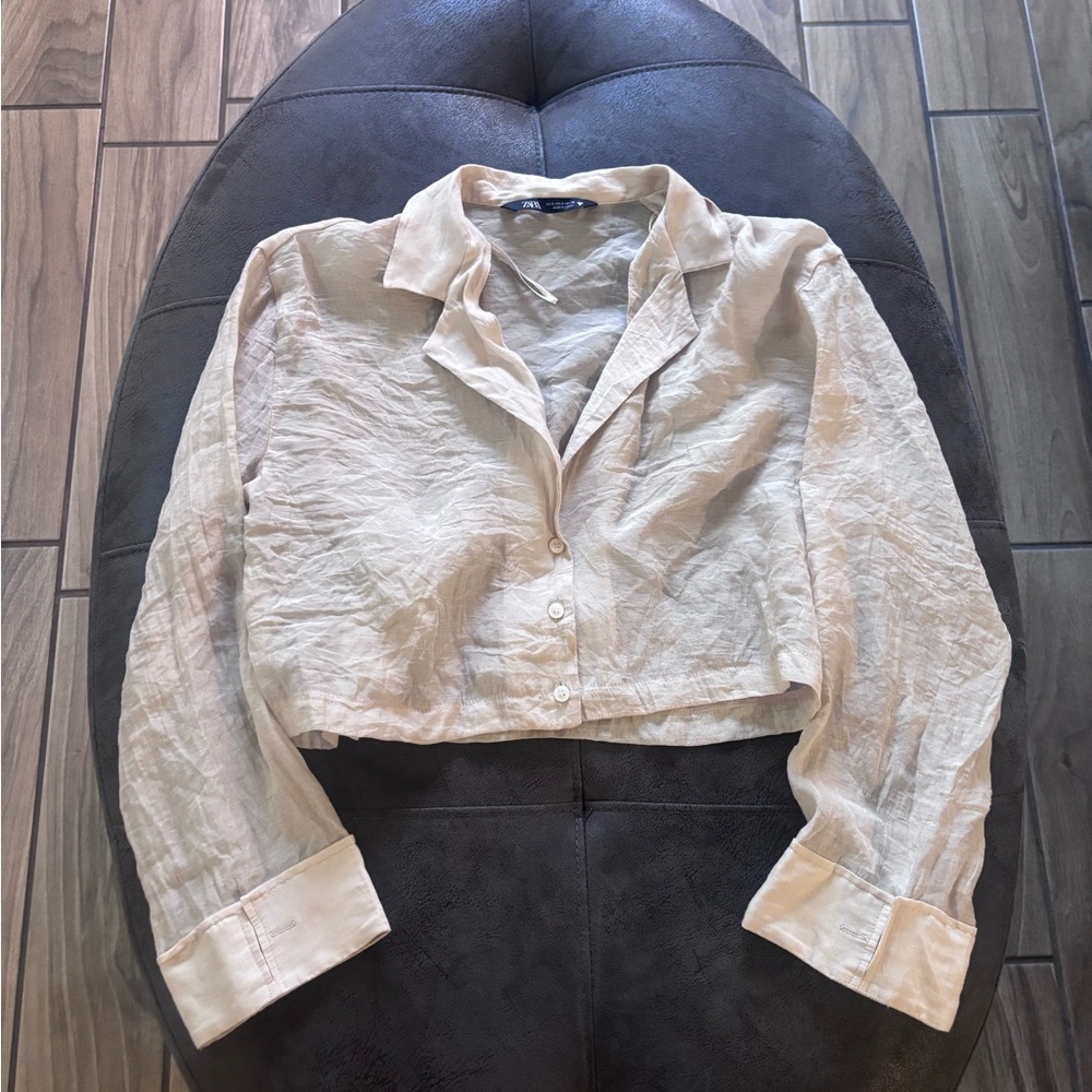 Zara Tan Long Sleeve Crop Button Down Shirt